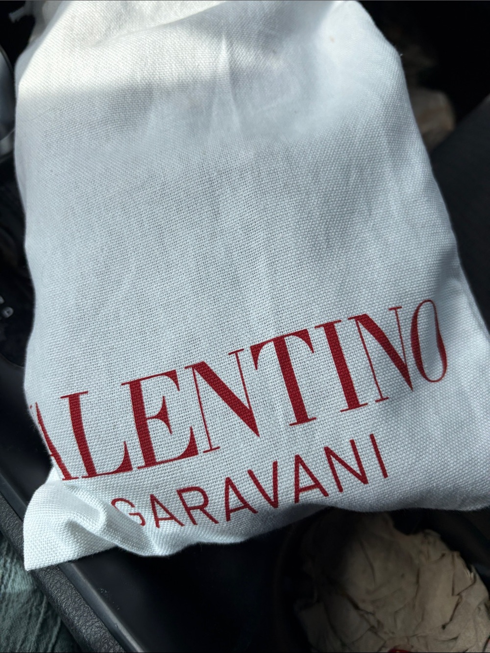 Valentino White Dust Bag with Red Logo Text
